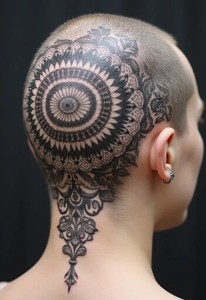 30 Geometric Head Tattoo Ideas for Bold Expression - 3. Mandala Geometric Fusion