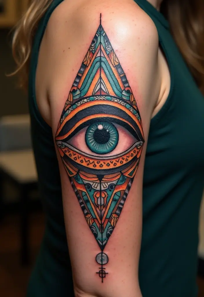 30 Greek Eye Tattoo Meaning and Stunning Design Ideas - 3. Geometric Greek Eye Tattoos