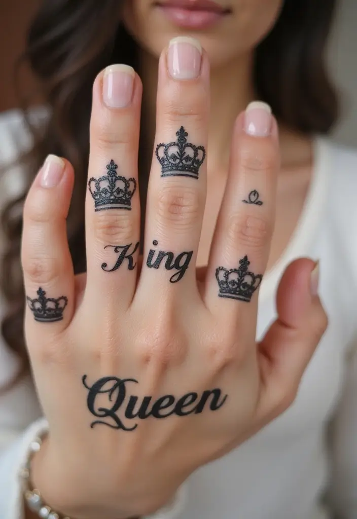 30 King and Queen Tattoos Finger Designs for Couples - 3. King and Queen Typography
