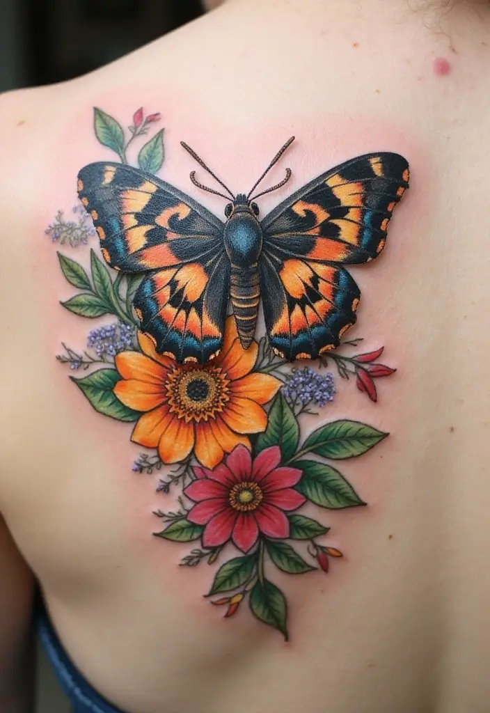 30 Moth Tattoo Designs with Symbolism and Beauty - 3. Moth with Floral Accents