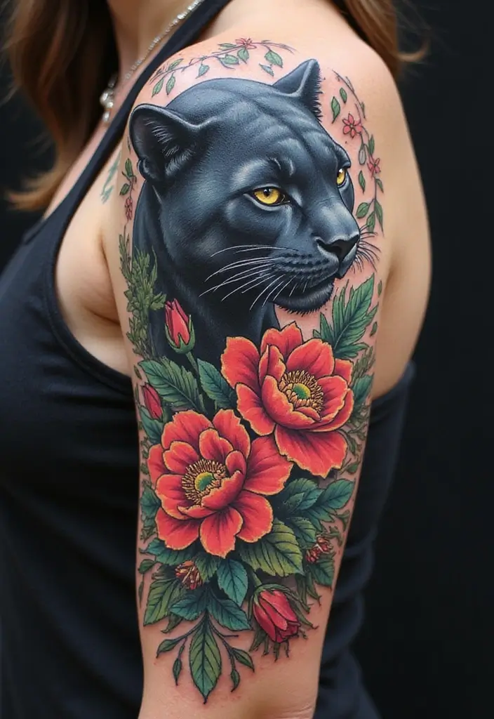 30 Panther Tattoo Designs That Represent Power and Mystery - 3. Floral Panther