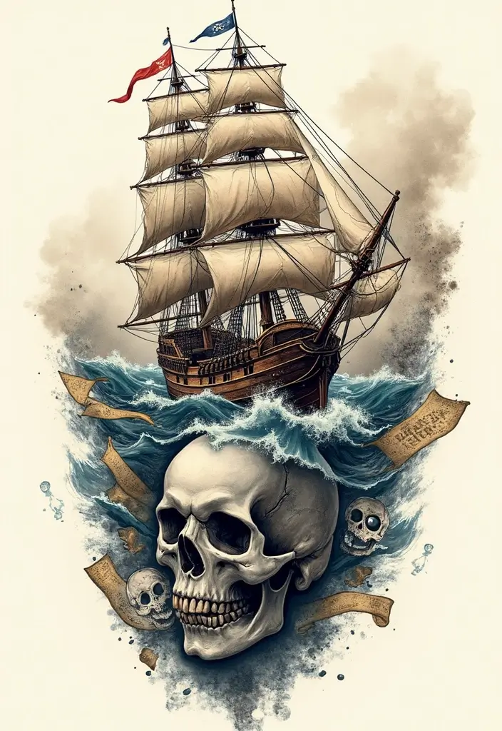 30 Pirate Ship Tattoo Designs for Ocean Lovers - 3. Pirate Ship and Skull Combo