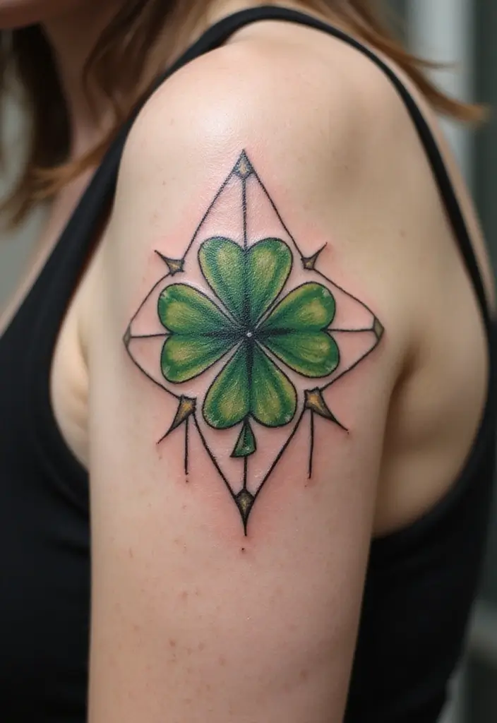 30 Realistic Four Leaf Clover Tattoo Inspirations for Luck - 3. Geometric Twist