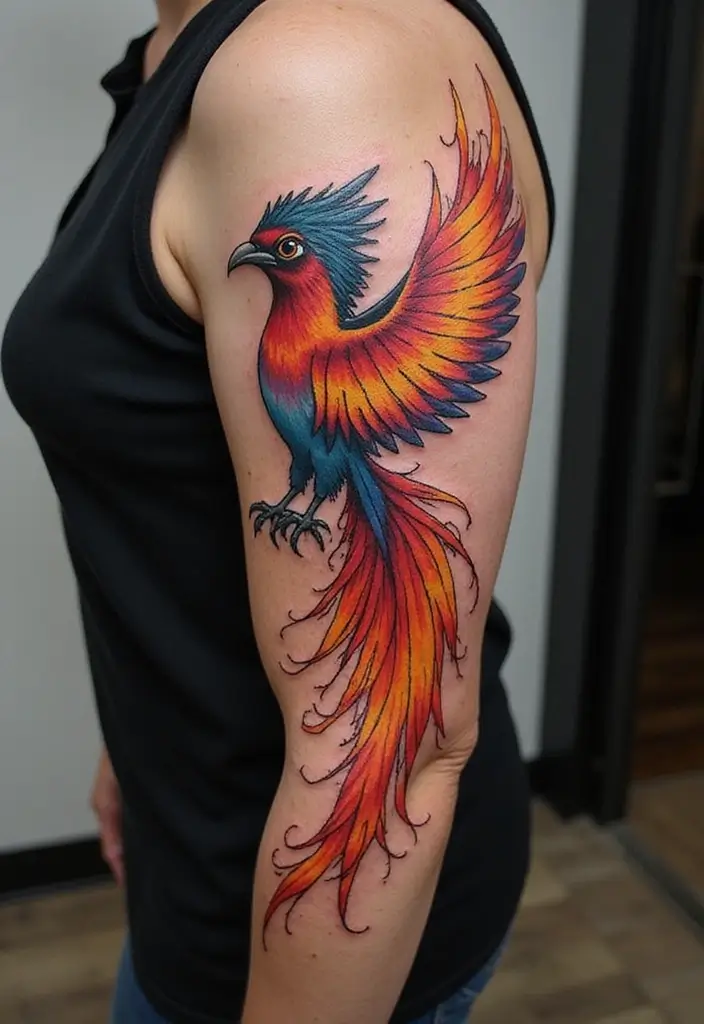 30 Rise of the Phoenix Tattoos That Symbolize Rebirth - 3. Colorful Phoenix Sleeve