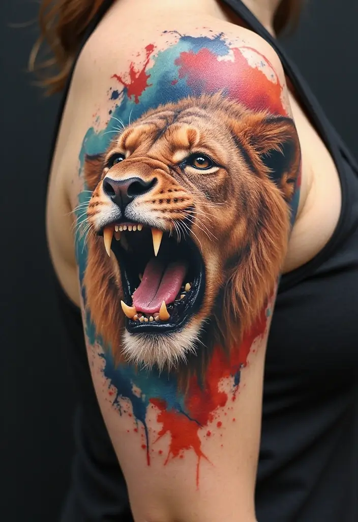 30 Roar Lion Tattoo Inspirations That Show Strength - 3. Watercolor Roar: Vibrant Expression