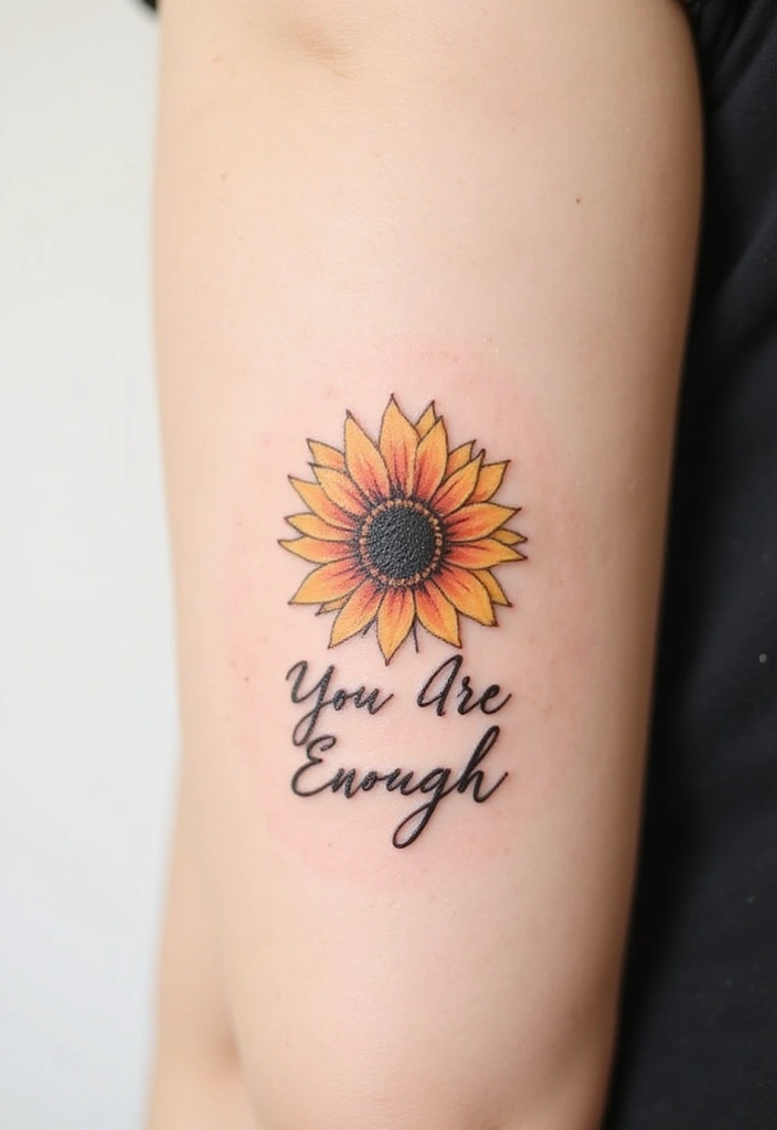 30 Sunflower and Quote Tattoo Ideas Full of Positivity - 3. Minimalist Sunflower with 'You Are Enough'