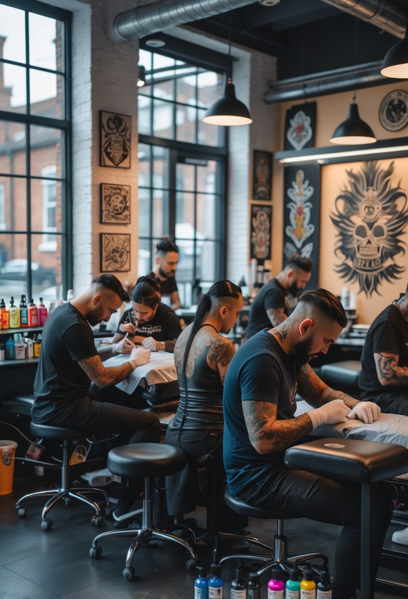 Tattoo Birmingham: Your Complete Directory of Top-Rated Artists and Studios in the City 4 Tattoo artists working on clients in a modern tattoo studio with tattoo equipment and artwork on the walls.
