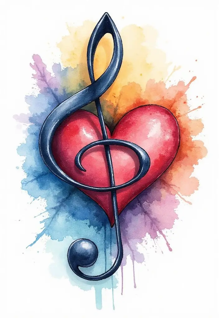 30 Treble Clef and Bass Clef Heart Tattoo Ideas for Music Lovers - 4. Watercolor Clef Heart