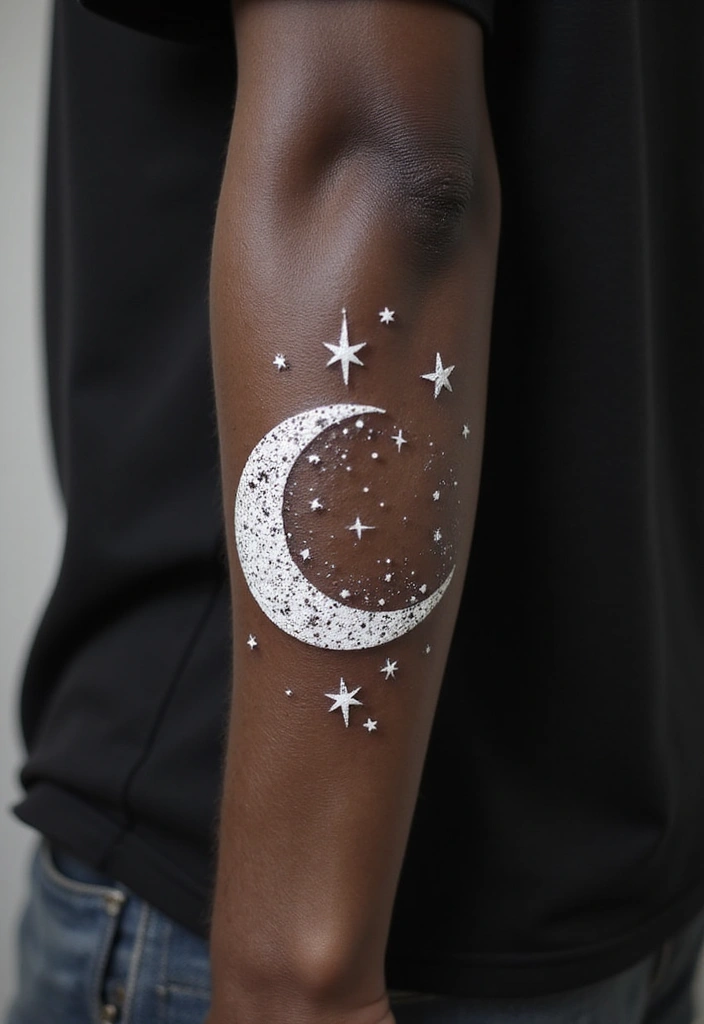 30 White Ink Tattoo Ideas on Dark Skin That Stand Out - 3. Celestial Bodies