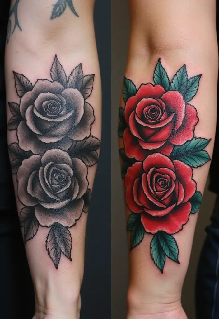 30 Black Rose Tattoo Meaning and Design Inspirations - 4. Black and Gray vs. Colorful Black Rose Tattoos
