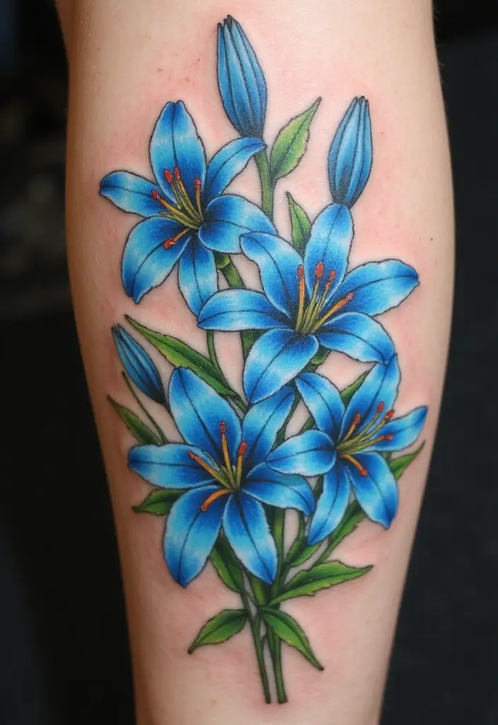 30 Blue Lily Tattoo Designs That Look Elegant - 4. Blue Lily Bouquet Tattoo