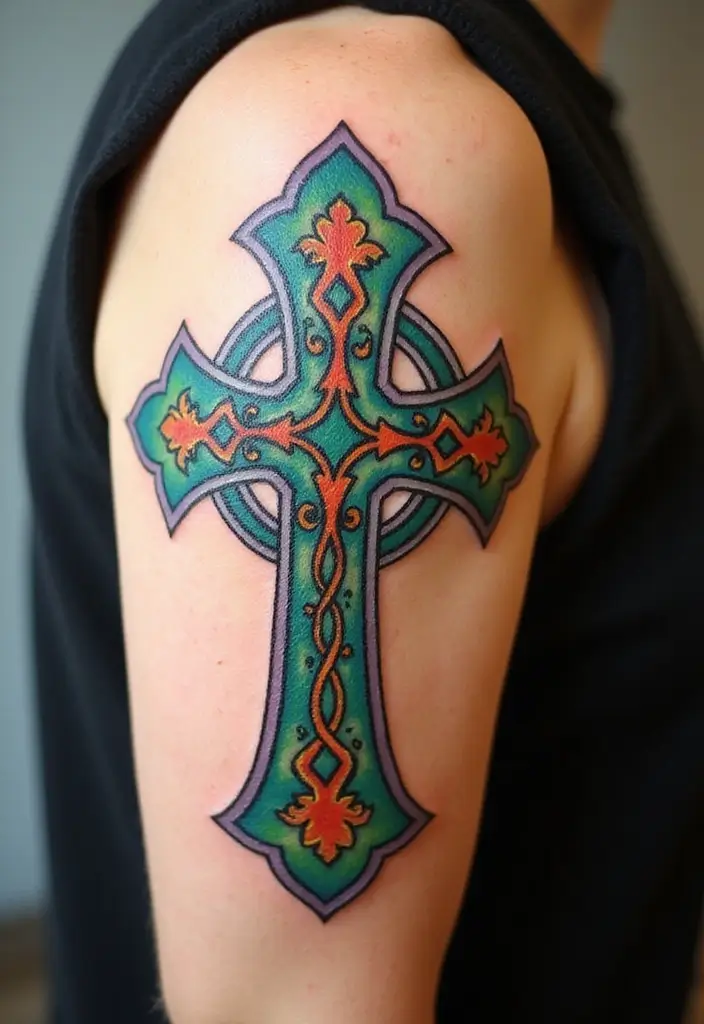30 Celtic Cross Tattoos with Deep Spiritual Significance - 4. Colorful Celtic Cross