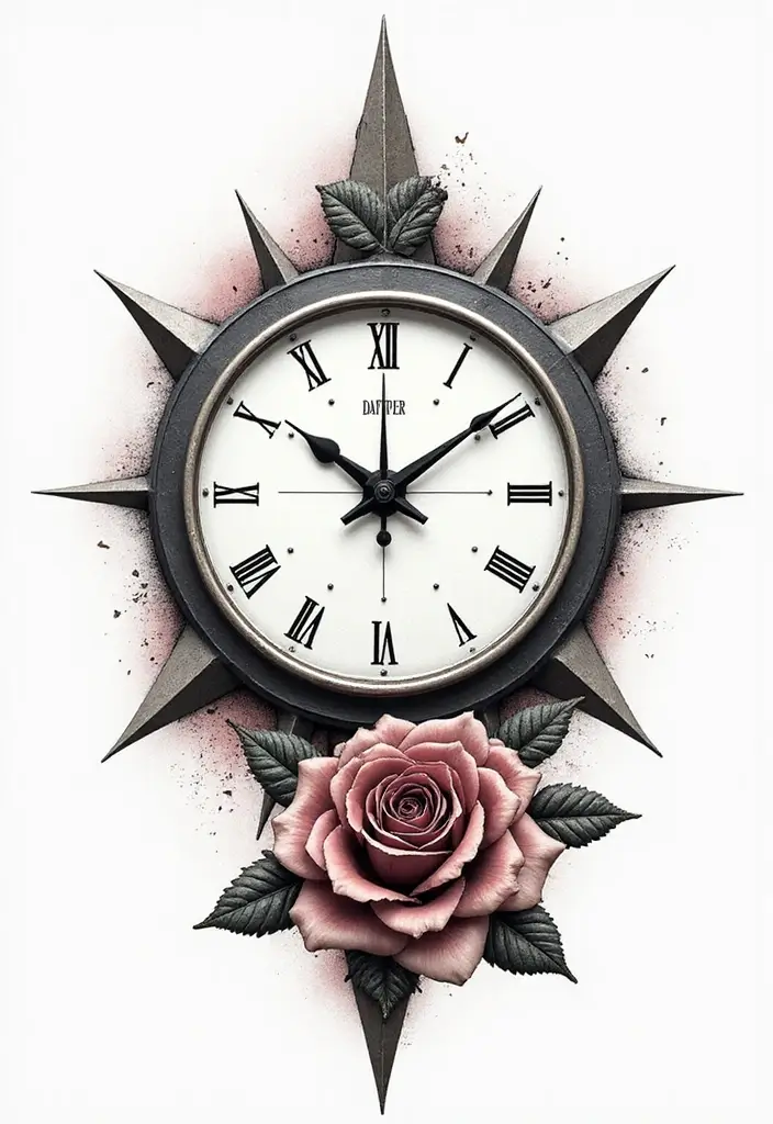 30 Clock and Rose Tattoos That Symbolize Time and Love - 4. Geometric Flair