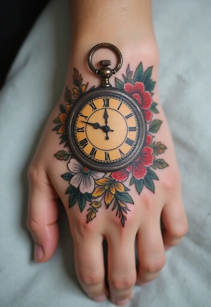 30 Clock Tattoo on Hand Ideas That Stand the Test of Time - 4. Clock with Floral Accents