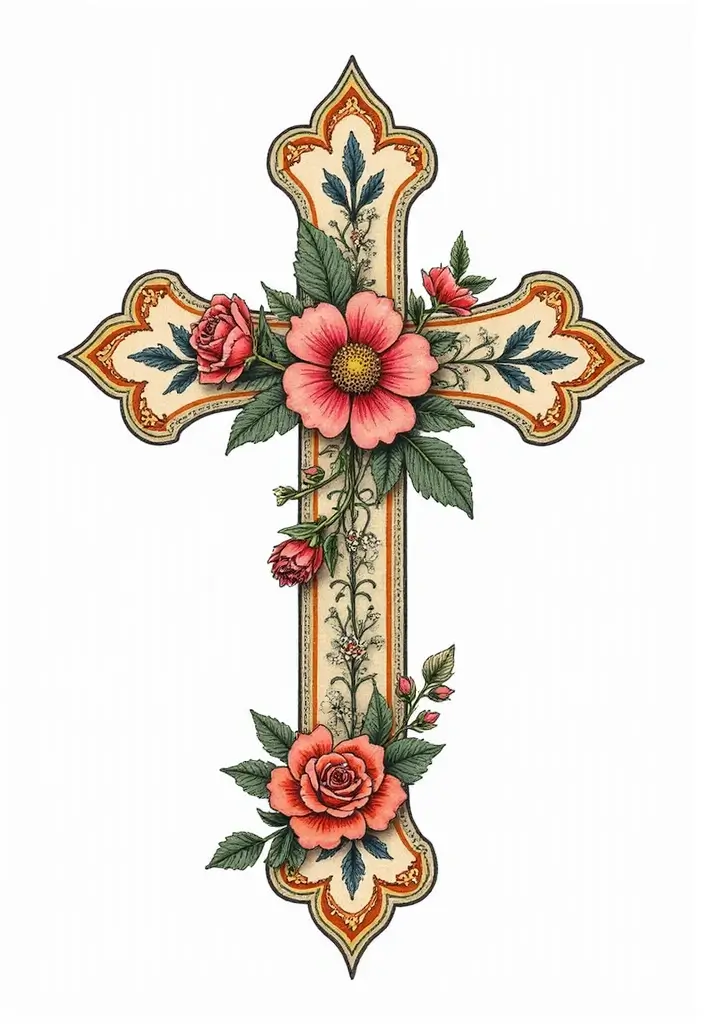 30 Cross with Flowers Tattoo Ideas That Blend Faith and Beauty - 4. Vintage Floral Cross