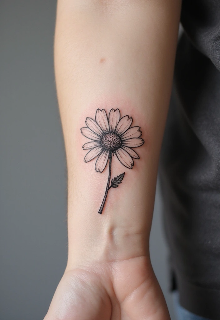 30 Daisy April Birth Flower Tattoo Designs You’ll Love - 4. Line Art Daisy on the Forearm