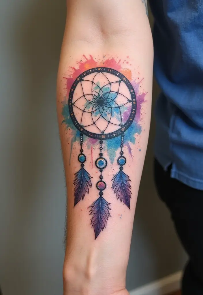 30 Dream Catcher Tattoo Ideas for Men with Protective Energy - 4. Watercolor Dream Catcher