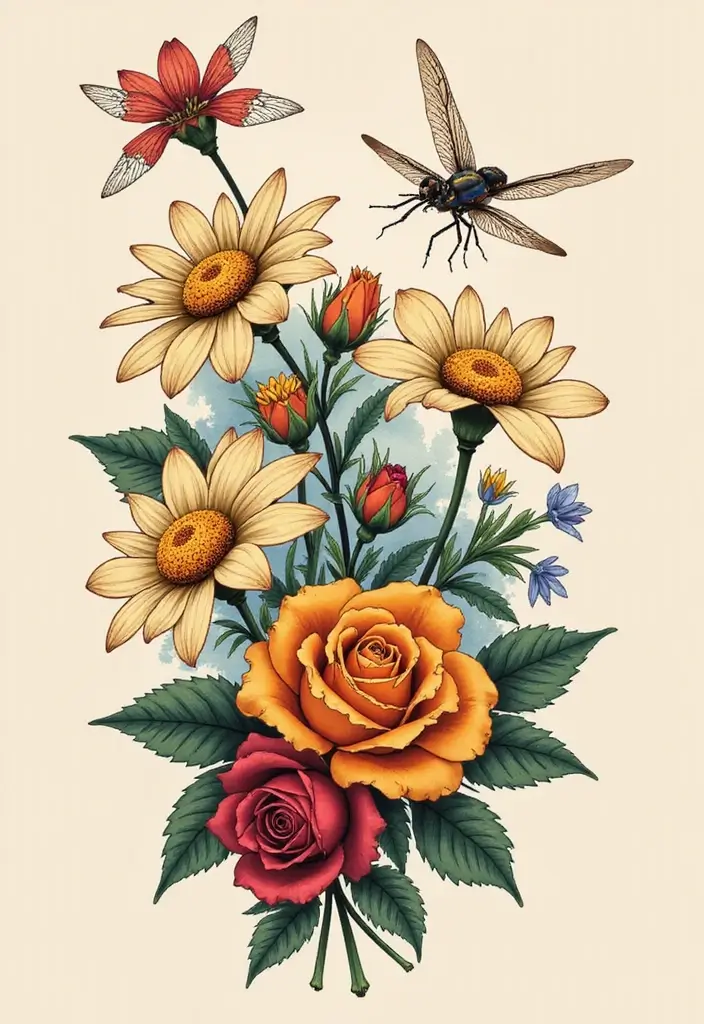 30 Firefly Tattoo Designs That Glow with Meaning - 4. Firefly and Floral Combo