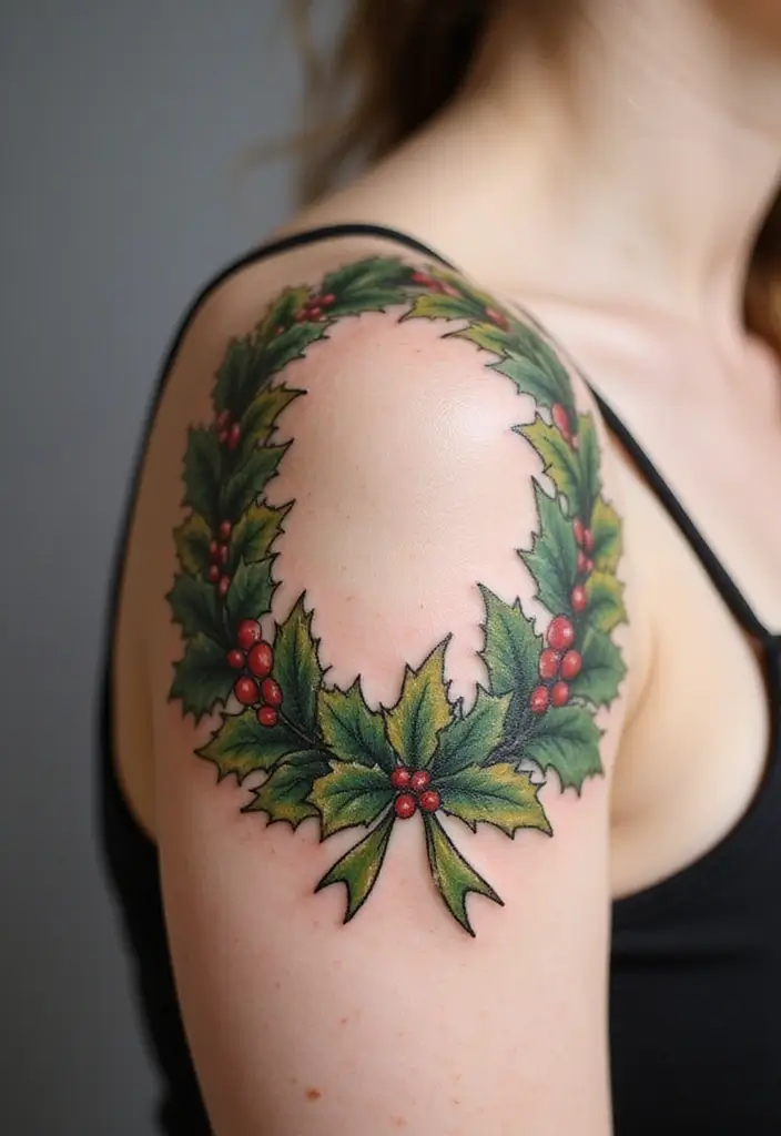 30 Holly Tattoo Meaning and Creative Design Ideas - 4. Holly Wreath Tattoo