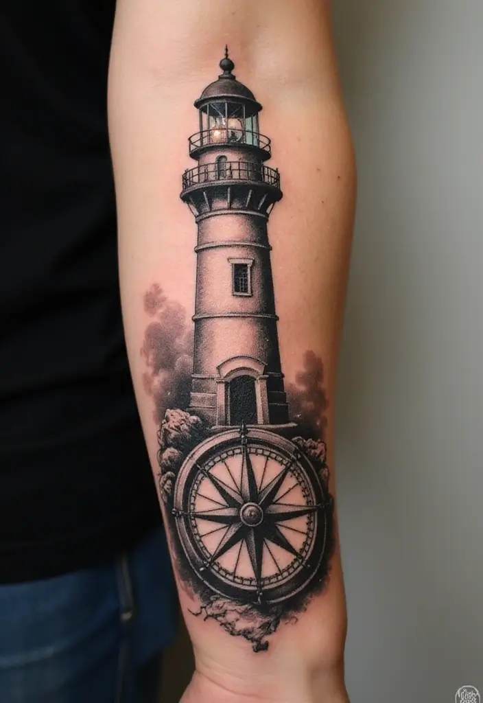 30 Lighthouse Forearm Tattoo Ideas That Guide the Way - 4. Nautical Compass and Lighthouse Combo