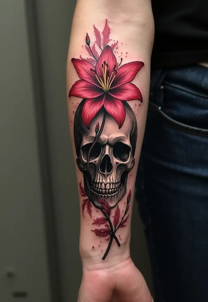30 Lily Tattoos for Men That Balance Strength and Elegance - 4. Lily and Skull Fusion