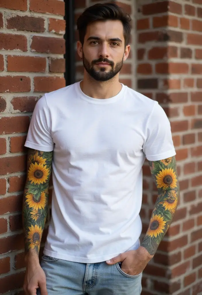 30 Men’s Floral Tattoo Half Sleeve Inspirations - 4. Vibrant Sunflowers