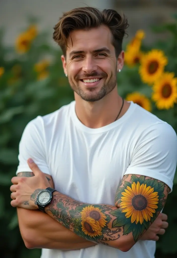 30 Mens Flower Sleeve Tattoo Ideas with Bold Florals - 4. Sunflowers: Happiness and Hope