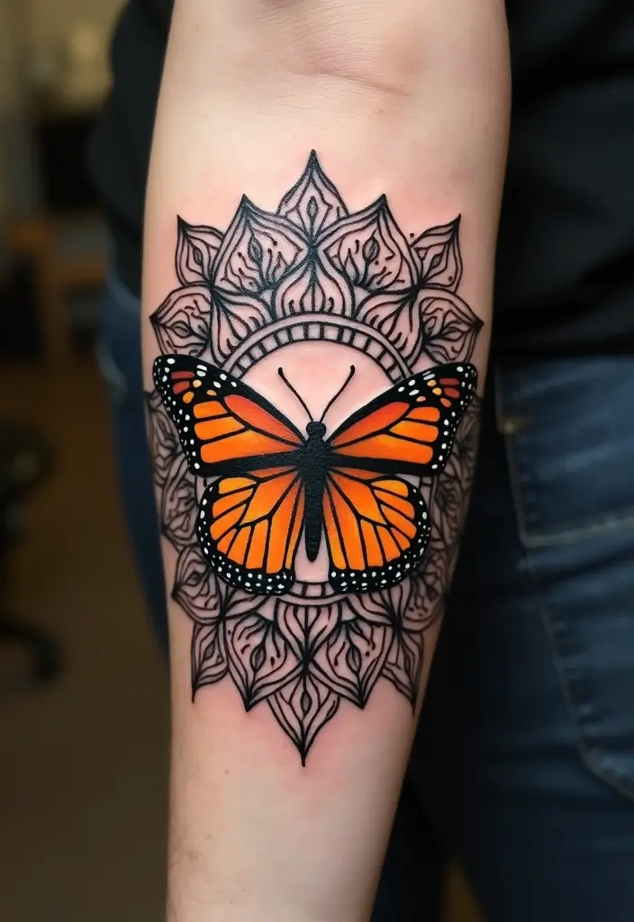 30 Monarch Butterfly Tattoo Designs with Deep Symbolism - 4. Monarch Butterfly Mandala