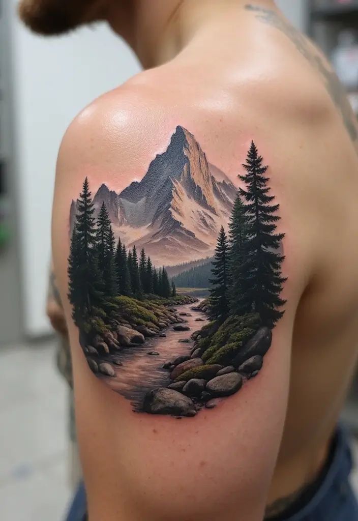 30 Mountain Tattoos for Men That Capture Adventure Spirit - 4. Scenic Nature Scenes