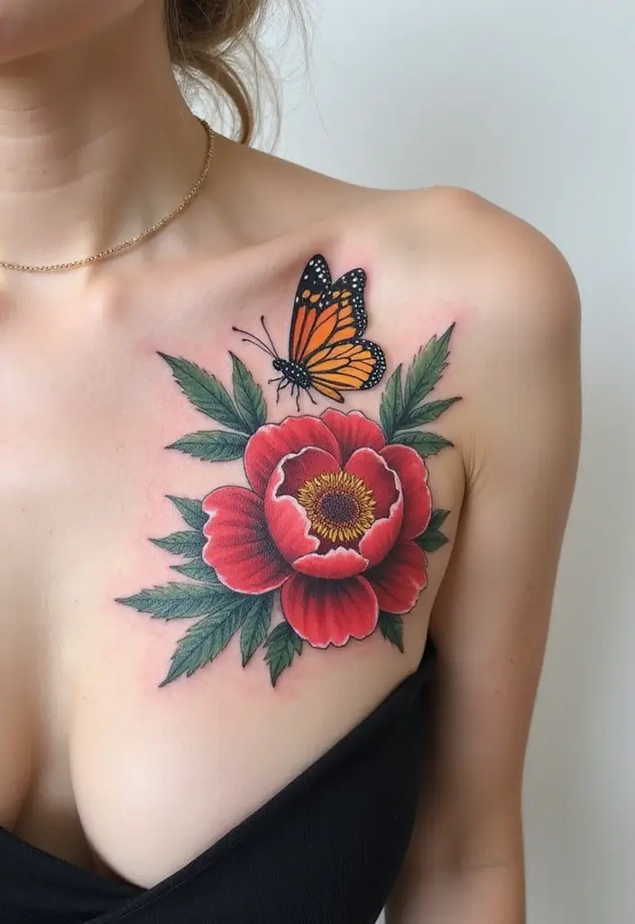 30 Peony Tattoo Ideas with Meaning and Elegance - 4. Peony with a Butterfly