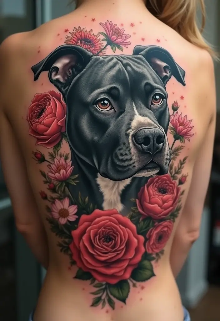 30 Pitbull Tattoo Designs Celebrating Strength and Loyalty - 4. Pitbull in Floral Setting