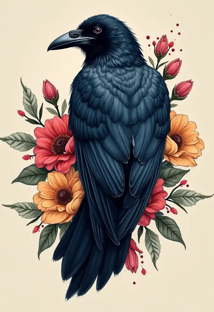 30 Raven Tattoo Shoulder Designs That Look Powerful - 4. Raven with Floral Accents