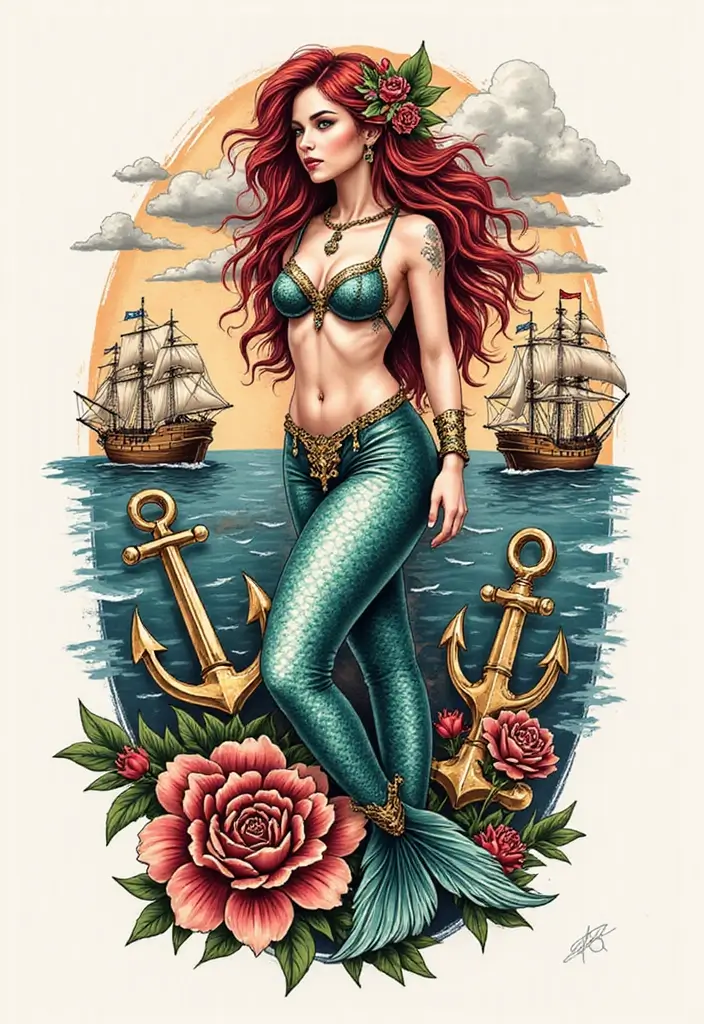 30 Realism Mermaid Tattoo Inspirations That Look Breathtaking - 4. Traditional Meets Realism