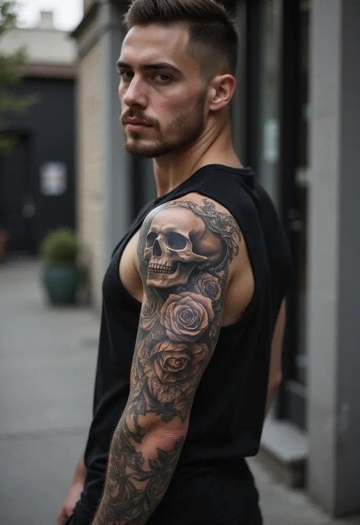 30 Shoulder Tattoos for Men with Meaningful Designs - 4. Skull: Mortality and Transformation