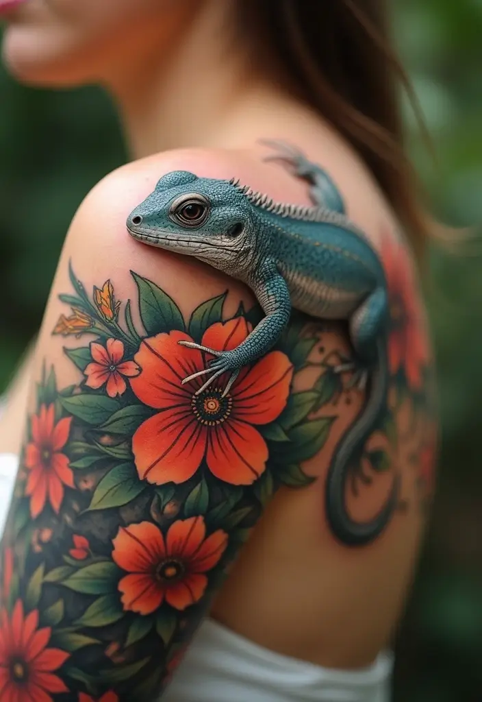 30 Small Lizard Tattoo Designs That Look Unique - 4. Lizard with Flowers
