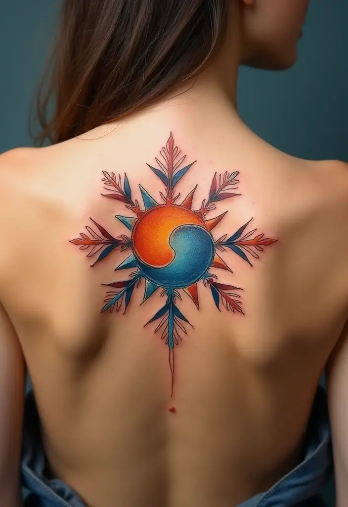 30 Snowflake Tattoo Ideas with Delicate and Unique Patterns - 4. Snowflake and Sun Combination