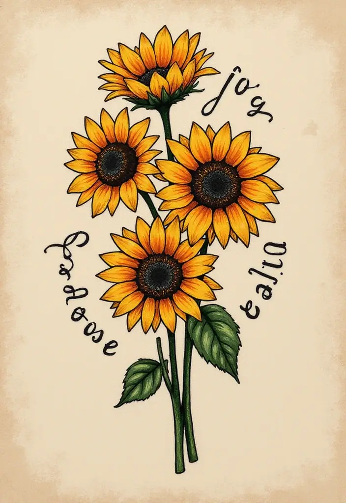 30 Sunflower and Quote Tattoo Ideas Full of Positivity - 4. Sunflower Bouquet with 'Choose Joy'