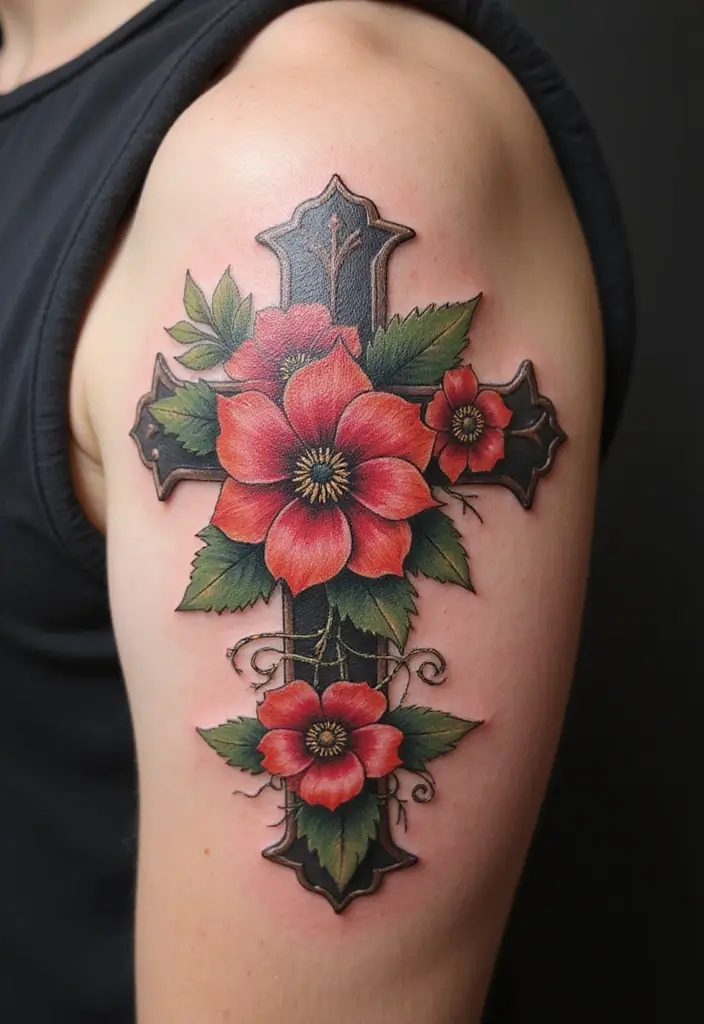 30 Tattoo Cross 3D Designs That Look Realistic - 4. Floral Cross