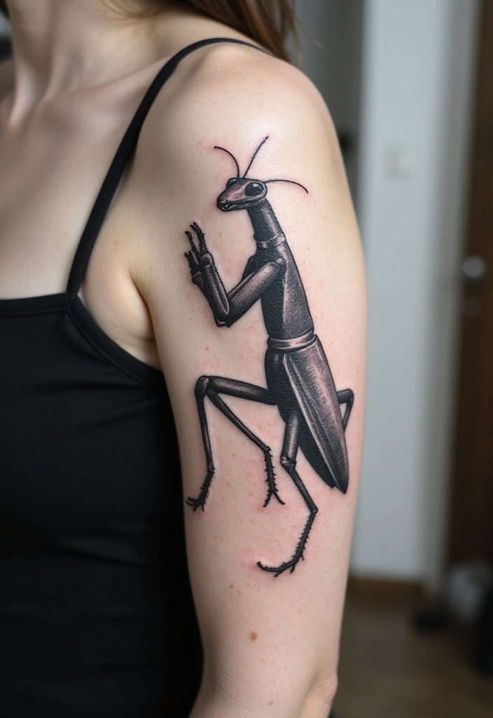 30 Traditional Praying Mantis Tattoo Ideas You’ll Love - 4. Black and Grey Mantis