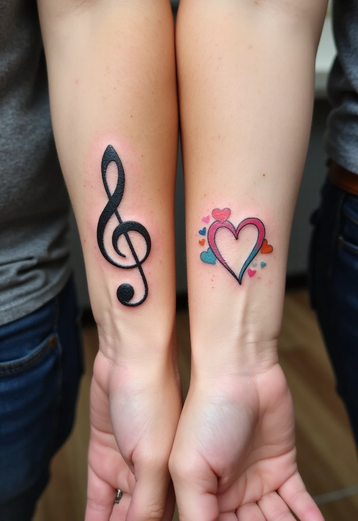 30 Treble Clef and Bass Clef Heart Tattoo Ideas for Music Lovers - 5. Couple's Clef Heart Tattoo