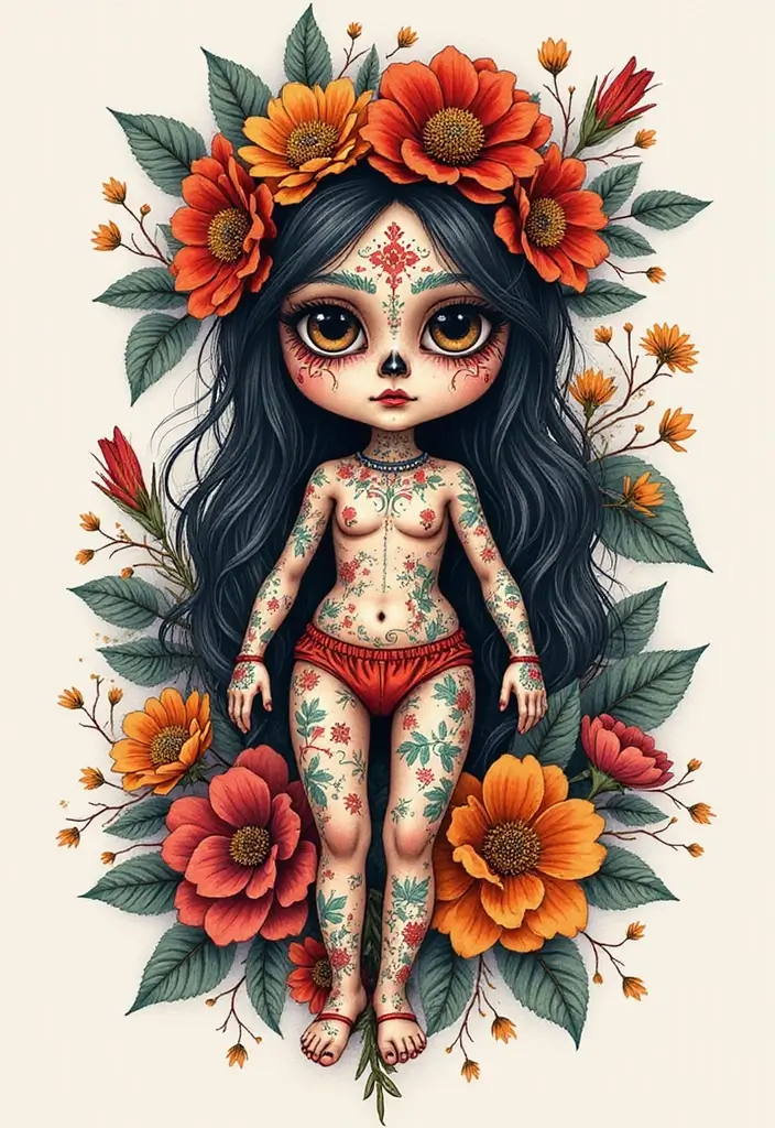 30 Voodoo Doll Tattoos with Dark and Mysterious Designs - 4. Floral Voodoo Dolls