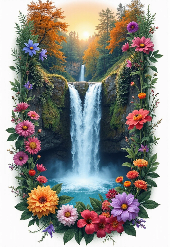30 Waterfall Tattoos That Flow with Beauty - 4. Colorful Floral Waterfalls