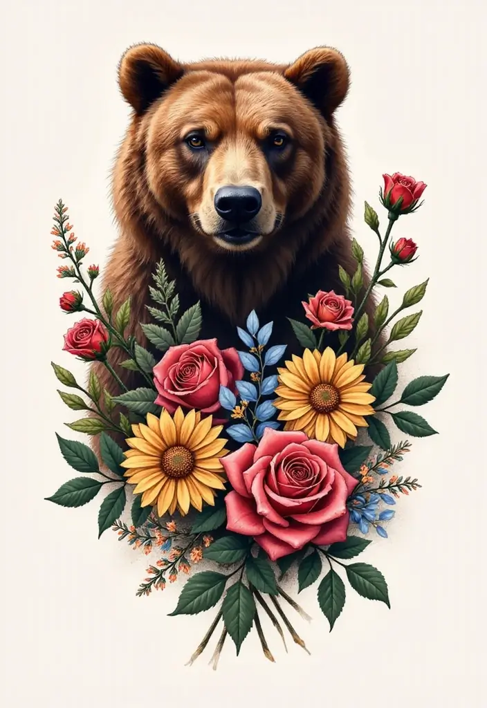 30 Bear Shoulder Tattoo Inspirations with Power and Strength - 5. Bear with Floral Elements
