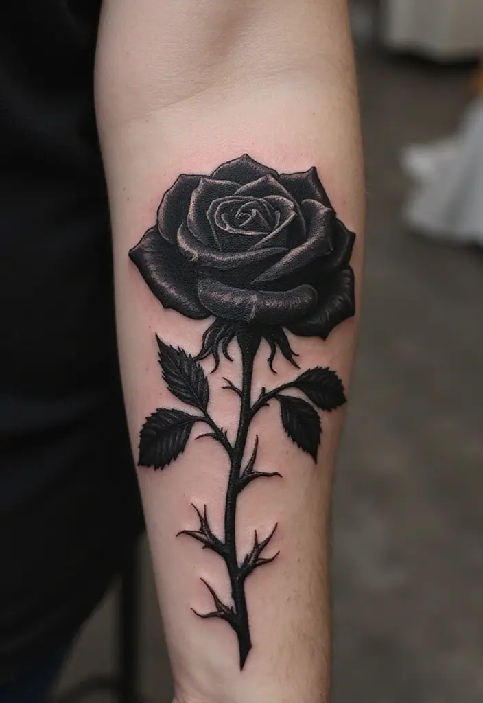 30 Black Rose Tattoo Meaning and Design Inspirations - 5. Black Rose with Thorns Design