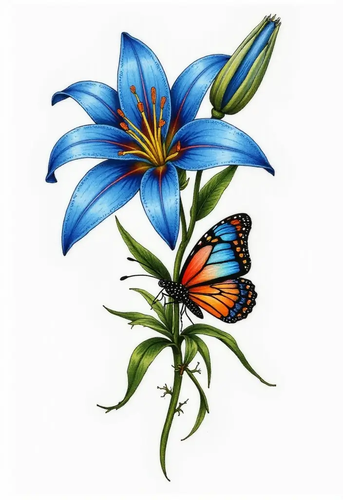 30 Blue Lily Tattoo Designs That Look Elegant - 5. Blue Lily and Butterfly Combination