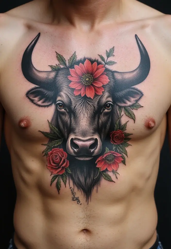 30 Bull Tattoo Chest Ideas Full of Strength - 5. Bull with Floral Elements