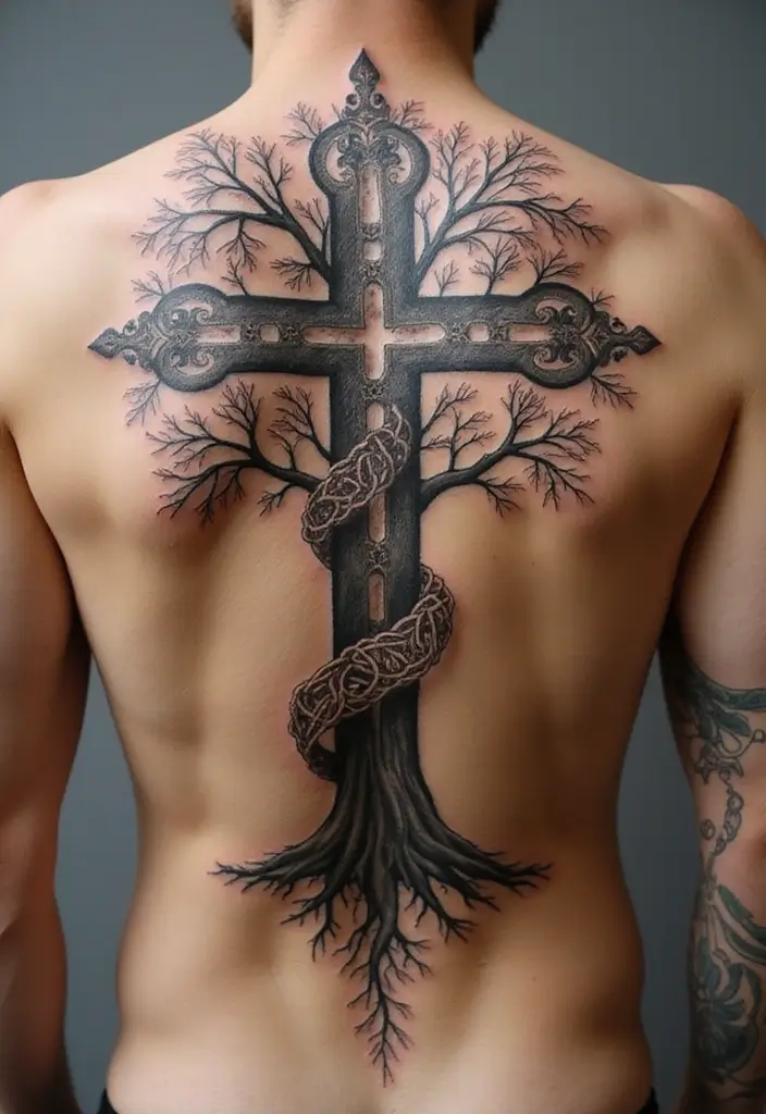 30 Celtic Cross Tattoos with Deep Spiritual Significance - 5. Celtic Cross with a Tree of Life