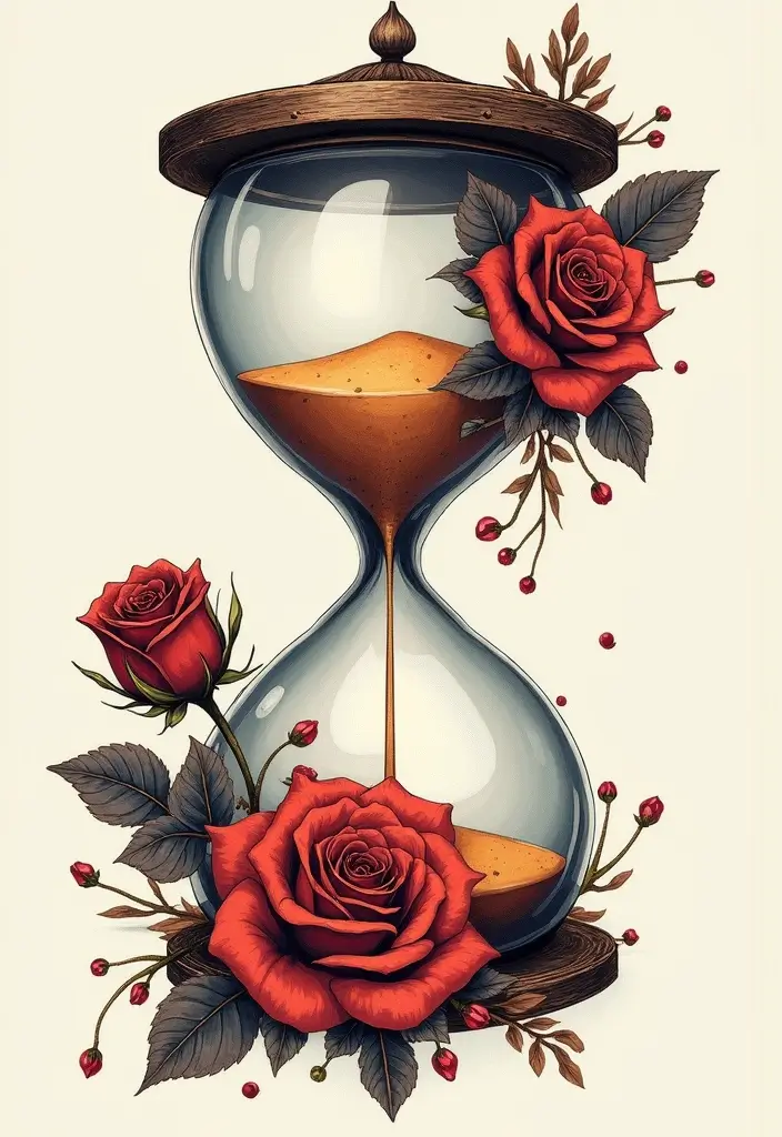 30 Clock and Rose Tattoos That Symbolize Time and Love - 5. The Hourglass Connection