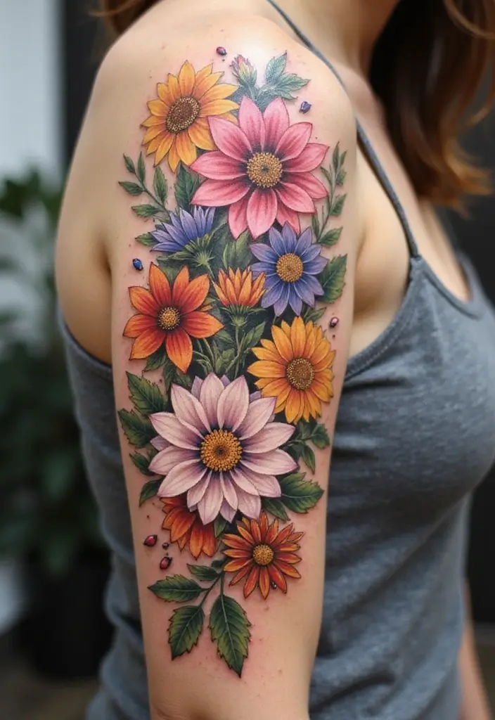 30 Colorful Daisy Tattoo Inspirations Full of Joy - 5. Mixed Floral Composition