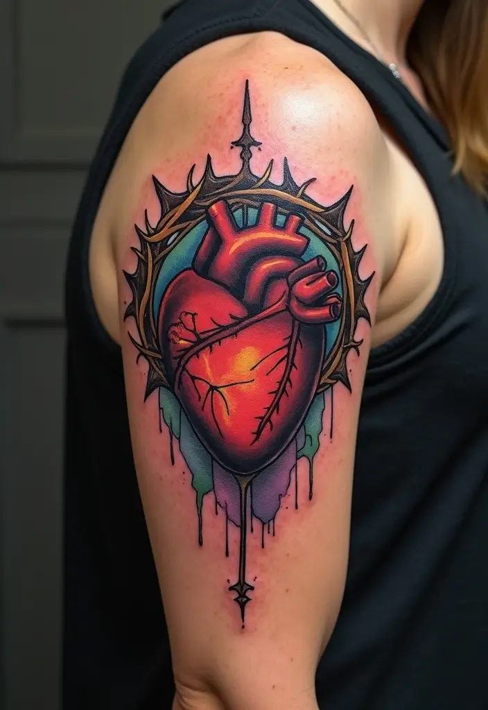 30 Crown of Thorns Bicep Tattoo Inspirations You’ll Admire - 5. Sacred Heart Integration